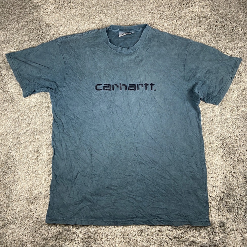 Carhartt WIP Shirt Mens XL Blue Embroidered Logo Work In Progress Short Sleeve